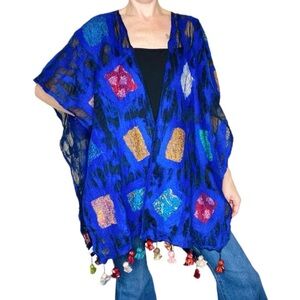 Pomegranate Moon Blue Patchwork Bohemian Wool Shawl